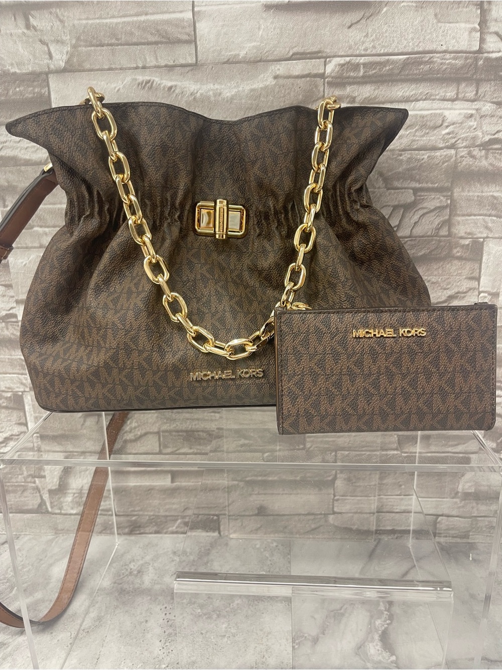 Michael Kors Large Ruched Clutch Chain Crossbody & Matching Wallet Brown Logo